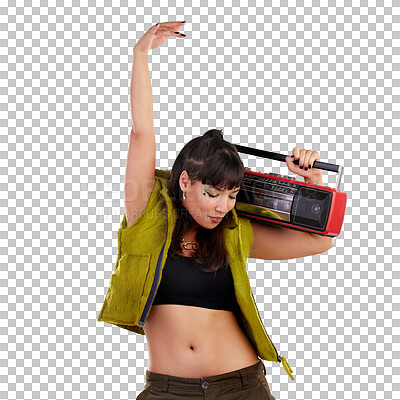 Dance, trendy and woman with a radio for music isolated on a grey studio background. Party, fashion and dancing girl holding a cassette stereo listening to audio, boombox record and track with rhythm
