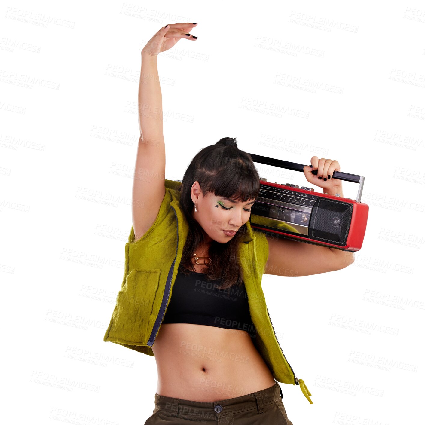 Buy stock photo Woman, fashion and retro radio with dancing to music and gen z isolated on png transparent background. Party, fun with boombox and vintage sound system, cassette stereo and rhythm with clothes style