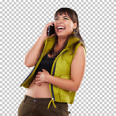 Buy stock photo Happy woman, phone call and laughing for funny joke or discussion isolated on a transparent PNG background. Female person or gen z model smile and talking on mobile smartphone for fun conversation