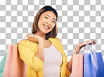 Asian woman, portrait and shopping bag with retail and fashion,