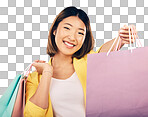 Shopping bag, portrait and woman offer for fashion discount, dea