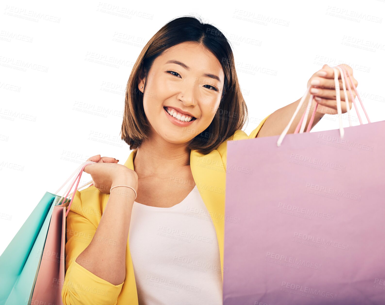 Buy stock photo Portrait, woman and smile with shopping bags for sale with customer, promotion or offer. Asian girl, happy and excited on isolated or a transparent png background with beauty, retail gift for free
