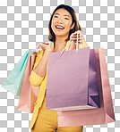 Shopping bag, portrait and woman giving, offer or fashion discou