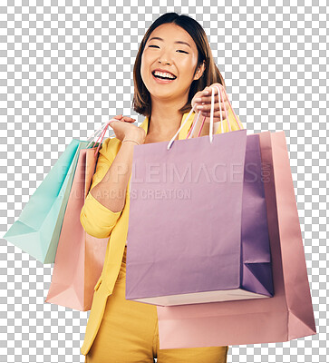 Buy stock photo Shopping, bag and portrait of Asian woman with gift for fashion discount, deal and sale offer. Giving, happy and person with clothing, cosmetics or present on isolated, png and transparent background