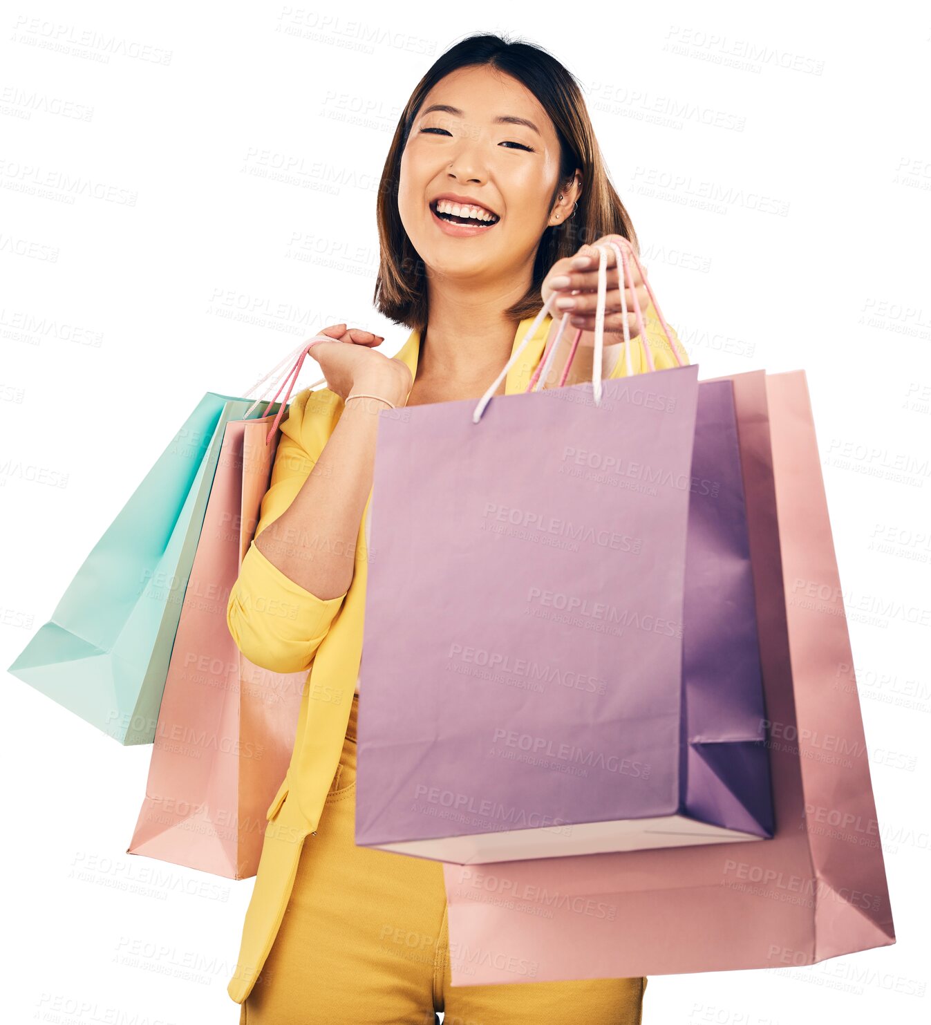 Buy stock photo Shopping, bag and portrait of Asian woman with gift for fashion discount, deal and sale offer. Giving, happy and person with clothing, cosmetics or present on isolated, png and transparent background