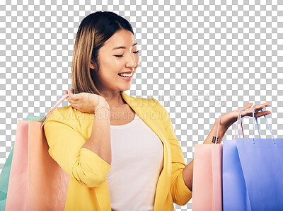 Happy, face and woman with shopping bag from a sale, promotion o