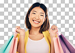 Happy woman, portrait and shopping bag with retail and fashion,