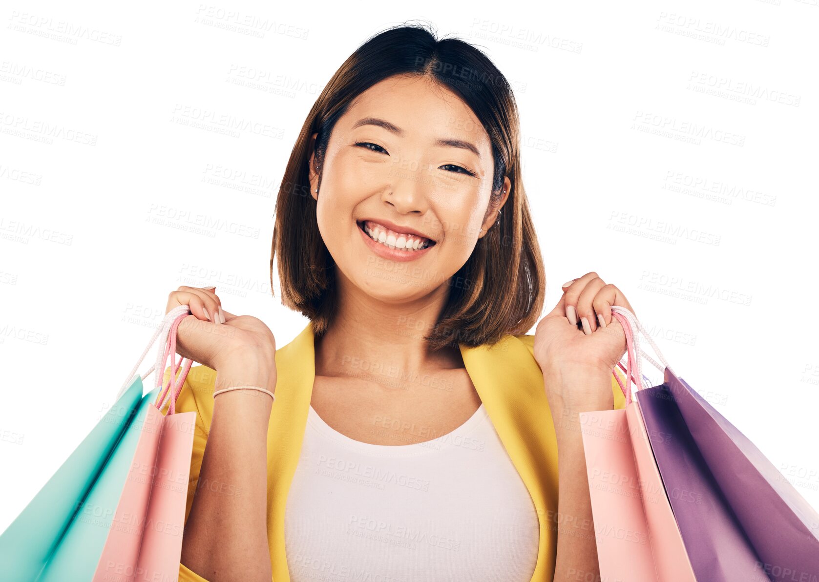 Buy stock photo Shopping, fashion and portrait of happy Asian woman for retail  discount, deal and sale offer. Giving, smile and person with clothing, cosmetics or present on isolated, png and transparent background