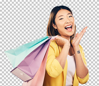 Buy stock photo Shopping, wow and portrait of Asian woman with bag for fashion discount, deal and sale offer. Customer, happy and person with clothing, cosmetics and gift on isolated, png and transparent background