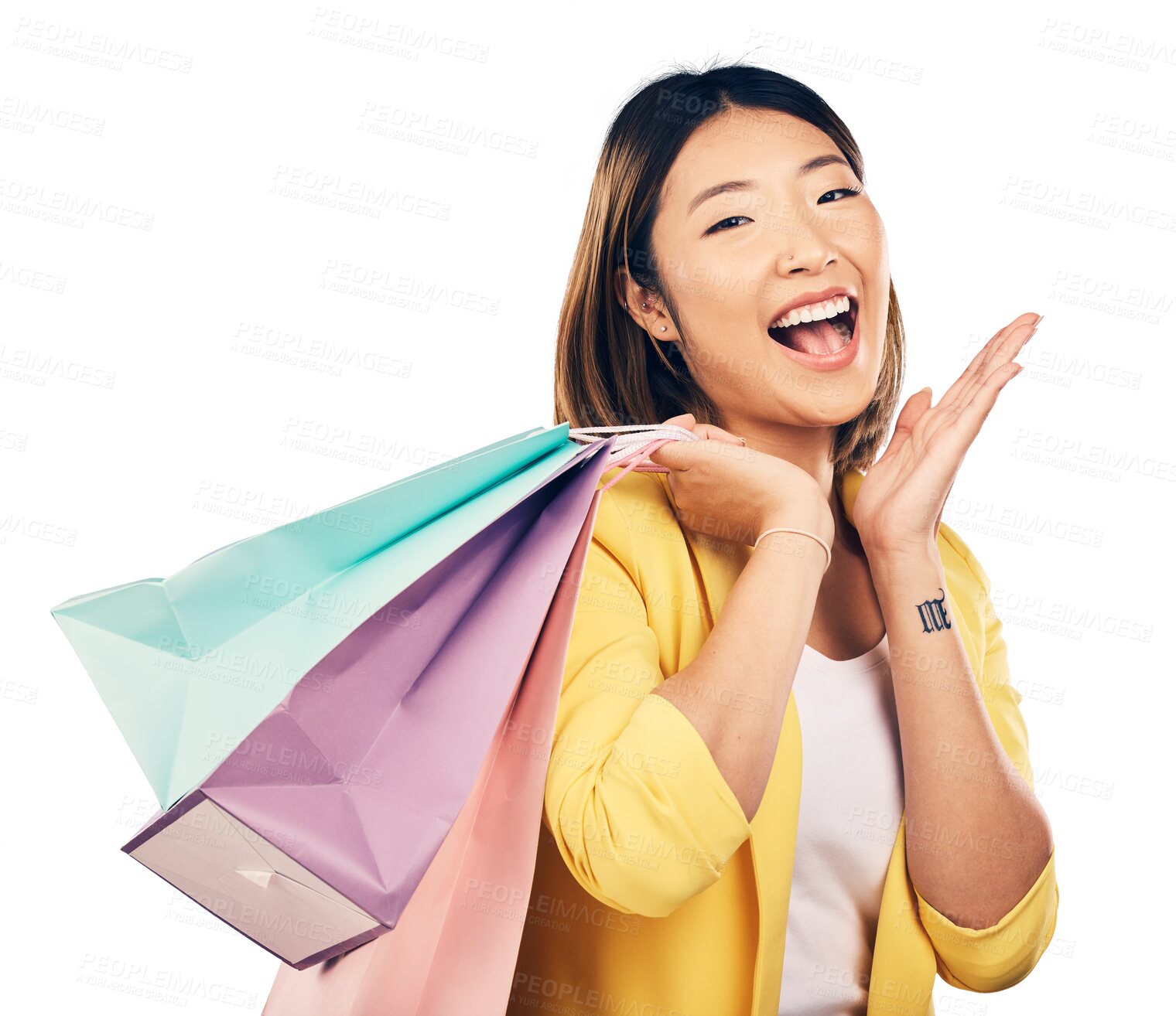 Buy stock photo Shopping, wow and portrait of Asian woman with bag for fashion discount, deal and sale offer. Customer, happy and person with clothing, cosmetics and gift on isolated, png and transparent background