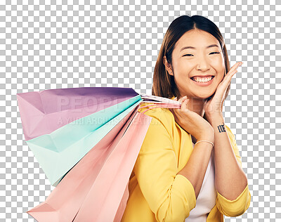 Buy stock photo Shopping, retail and portrait of excited Asian woman with gift for fashion discount, deal and sale. Customer, happy and person with clothing and cosmetics on isolated, png and transparent background