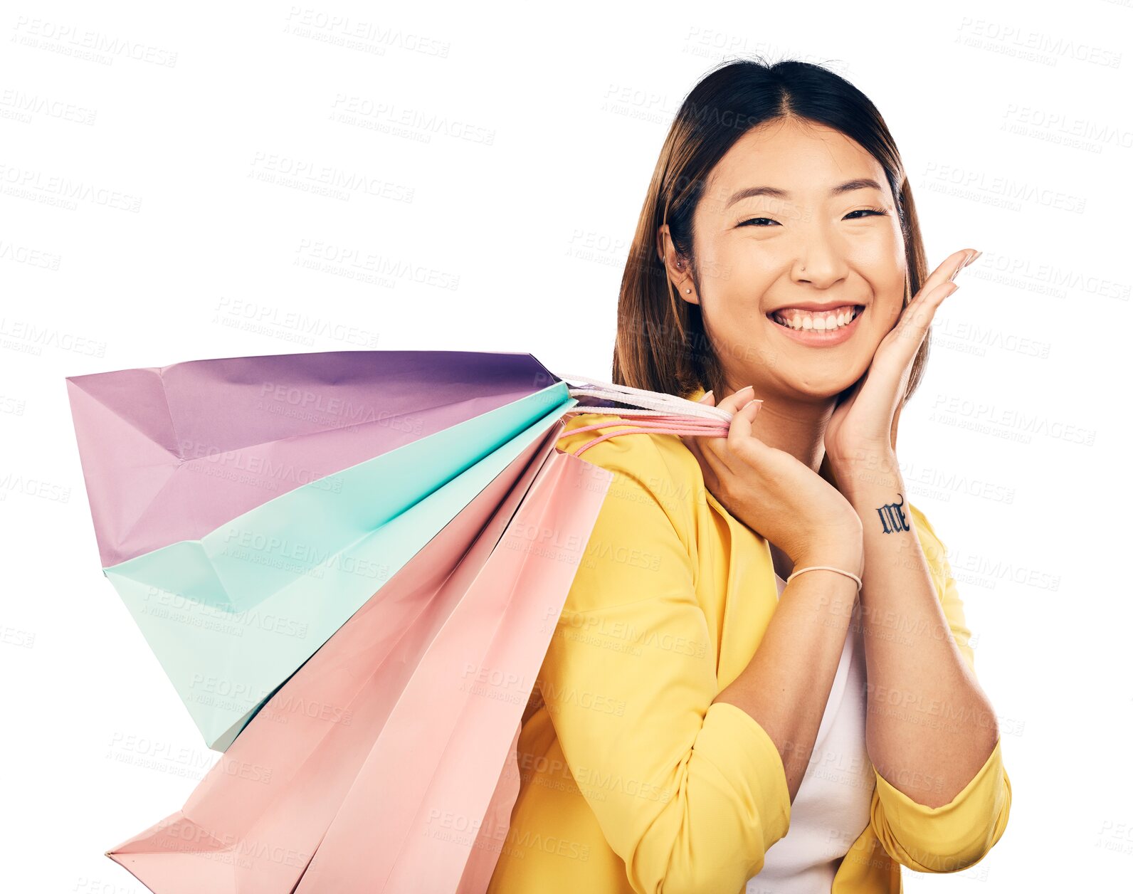 Buy stock photo Shopping, retail and portrait of excited Asian woman with gift for fashion discount, deal and sale. Customer, happy and person with clothing and cosmetics on isolated, png and transparent background