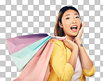 Asian woman, surprise and shopping bag with retail and fashion,