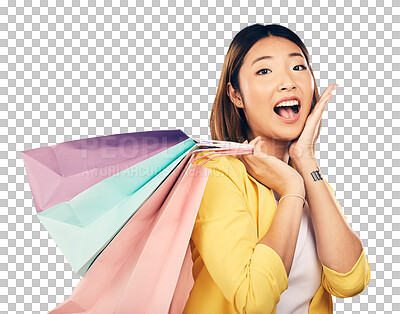 Buy stock photo Shopping, fashion and portrait of Asian woman with surprise for retail discount, deal and sale. Mall, shock and person with clothing, cosmetics or present on isolated, png and transparent background