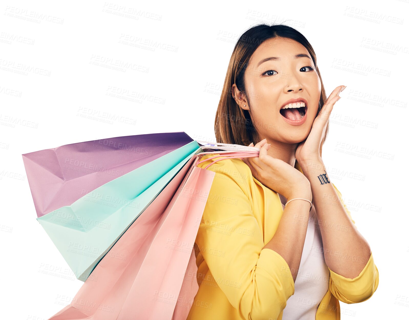 Buy stock photo Shopping, fashion and portrait of Asian woman with surprise for retail discount, deal and sale. Mall, shock and person with clothing, cosmetics or present on isolated, png and transparent background