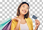 Asian woman, credit card and shopping bag in studio portrait wit