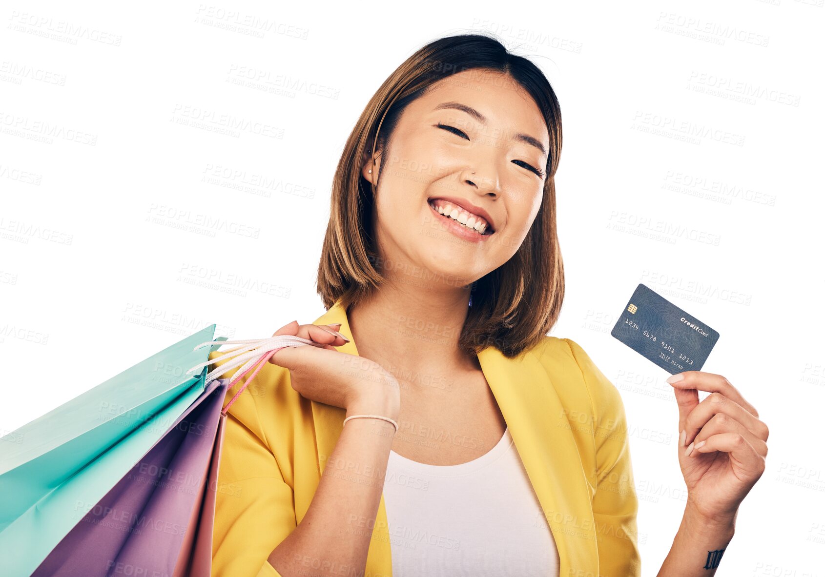 Buy stock photo Woman, credit card and shopping bag for retail payment, cosmetics discount, sale or deal in portrait. Asian customer of beauty promotion, debit or happy finance isolated on transparent png background
