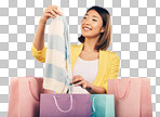 Fashion, shopping bag and happy woman with product sale, discoun