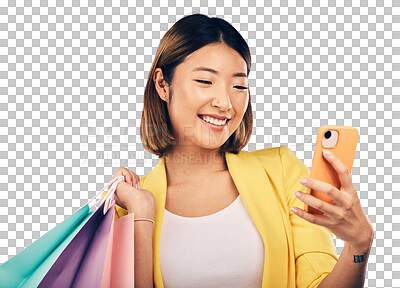 Buy stock photo Selfie, asian woman and shopping bag in studio with smile for deal, sale or discount on png transparent background. Japanese girl, retail and influencer happy with social media, contact and luxury