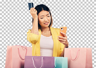 Buy stock photo Woman, confused and credit card, phone and online shopping scam, fail or fintech payment error. Stress, retail bag and sad asian person with debt on mobile and isolated on transparent png background