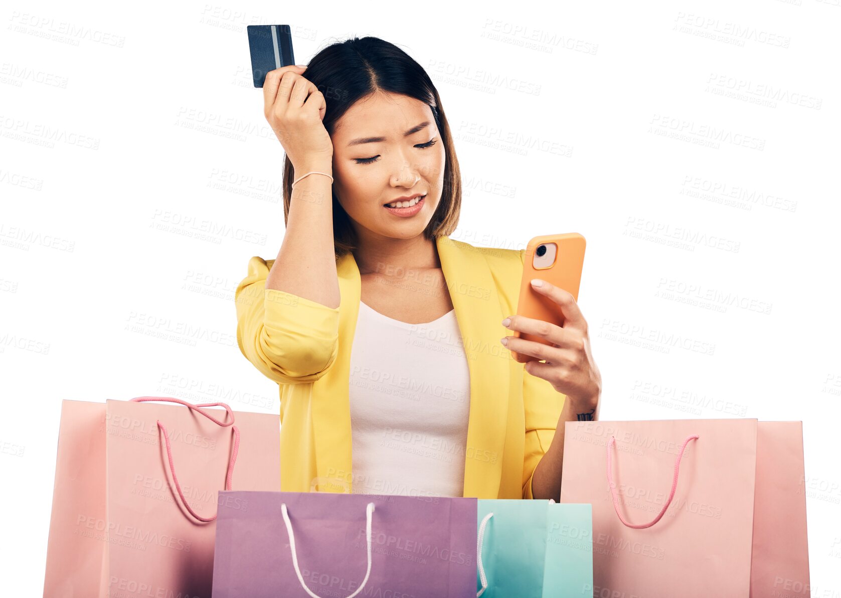 Buy stock photo Woman, confused and credit card, phone and online shopping scam, fail or fintech payment error. Stress, retail bag and sad asian person with debt on mobile and isolated on transparent png background