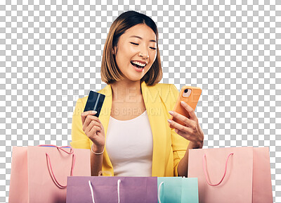 Buy stock photo Woman, credit card and phone with shopping bag for fintech payment and e commerce sale or discount. Asian customer or excited winner with mobile and banking app isolated on transparent png background