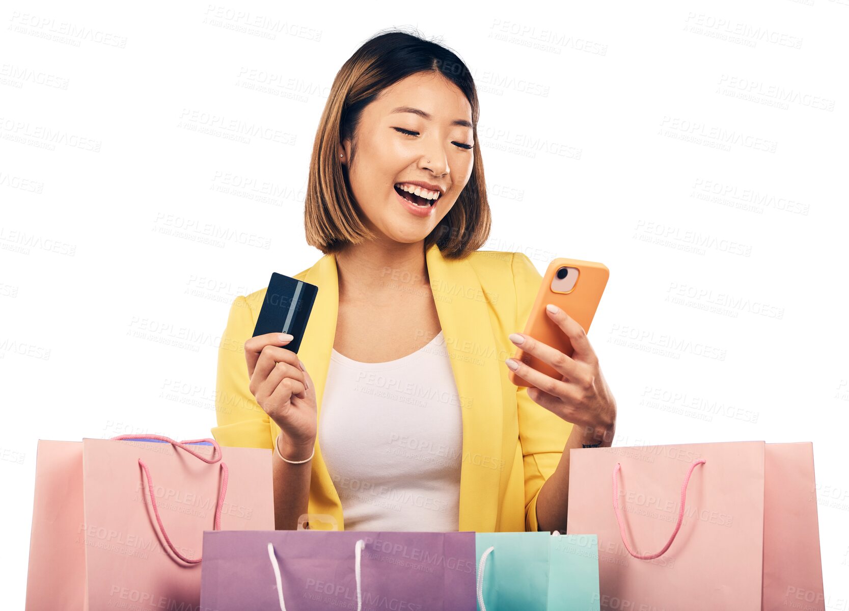 Buy stock photo Woman, credit card and phone with shopping bag for fintech payment and e commerce sale or discount. Asian customer or excited winner with mobile and banking app isolated on transparent png background