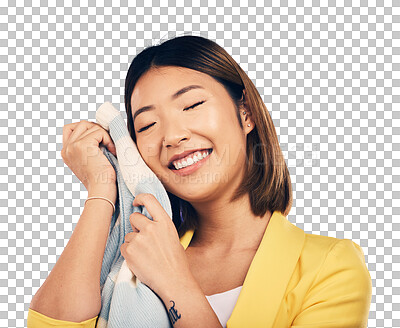 Woman, soft jersey and smile in studio with fashion choice, qual