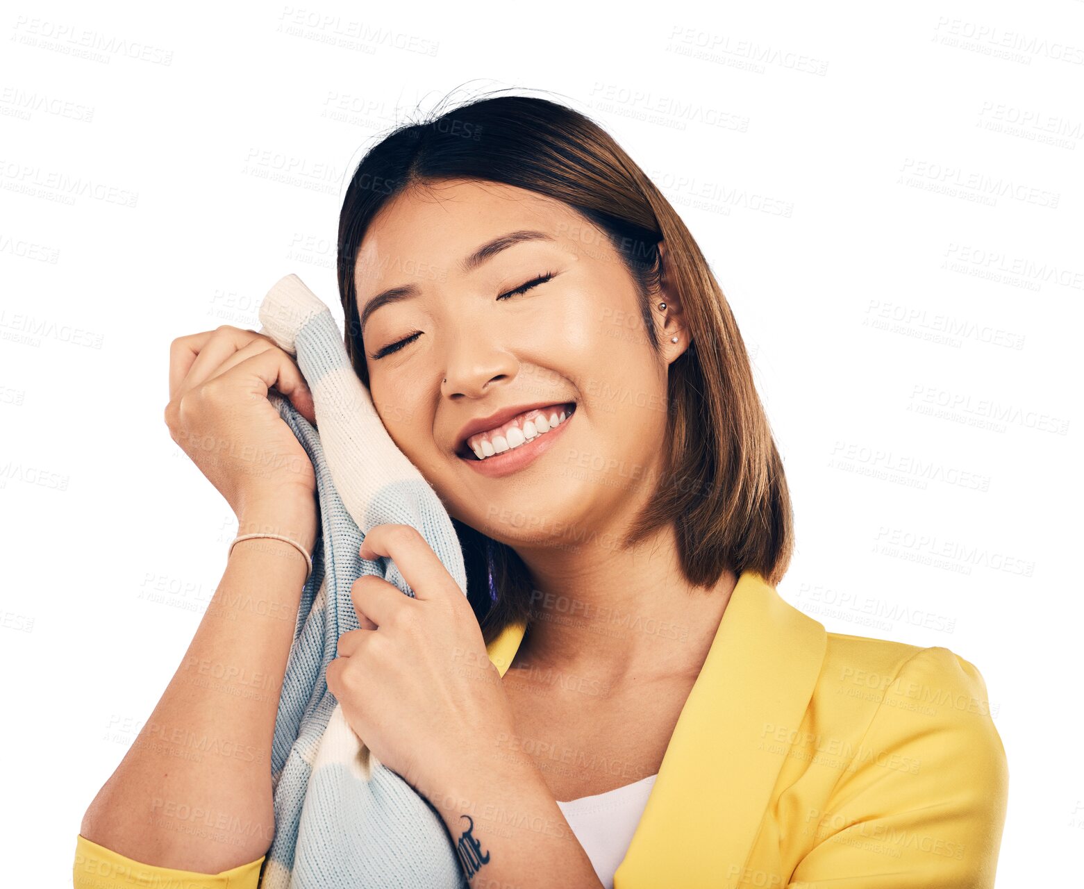 Buy stock photo Woman, holding soft jersey and comfort, happy and isolated on transparent png background with quality fashion texture. Asian model, material and excited with fabric product, fresh laundry and smile.