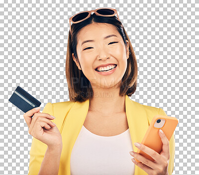 Buy stock photo Credit card, phone and woman in portrait for online shopping, e commerce payment or banking loan. Happy asian person on mobile for retail, sale or subscription isolated on transparent png background