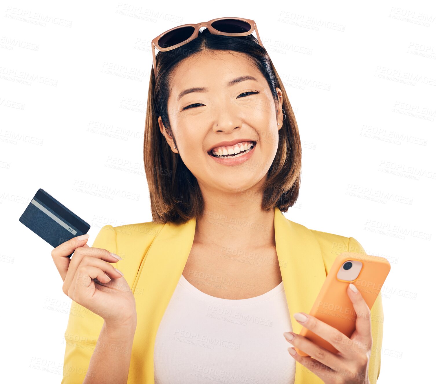 Buy stock photo Credit card, phone and woman in portrait for online shopping, e commerce payment or banking loan. Happy asian person on mobile for retail, sale or subscription isolated on transparent png background