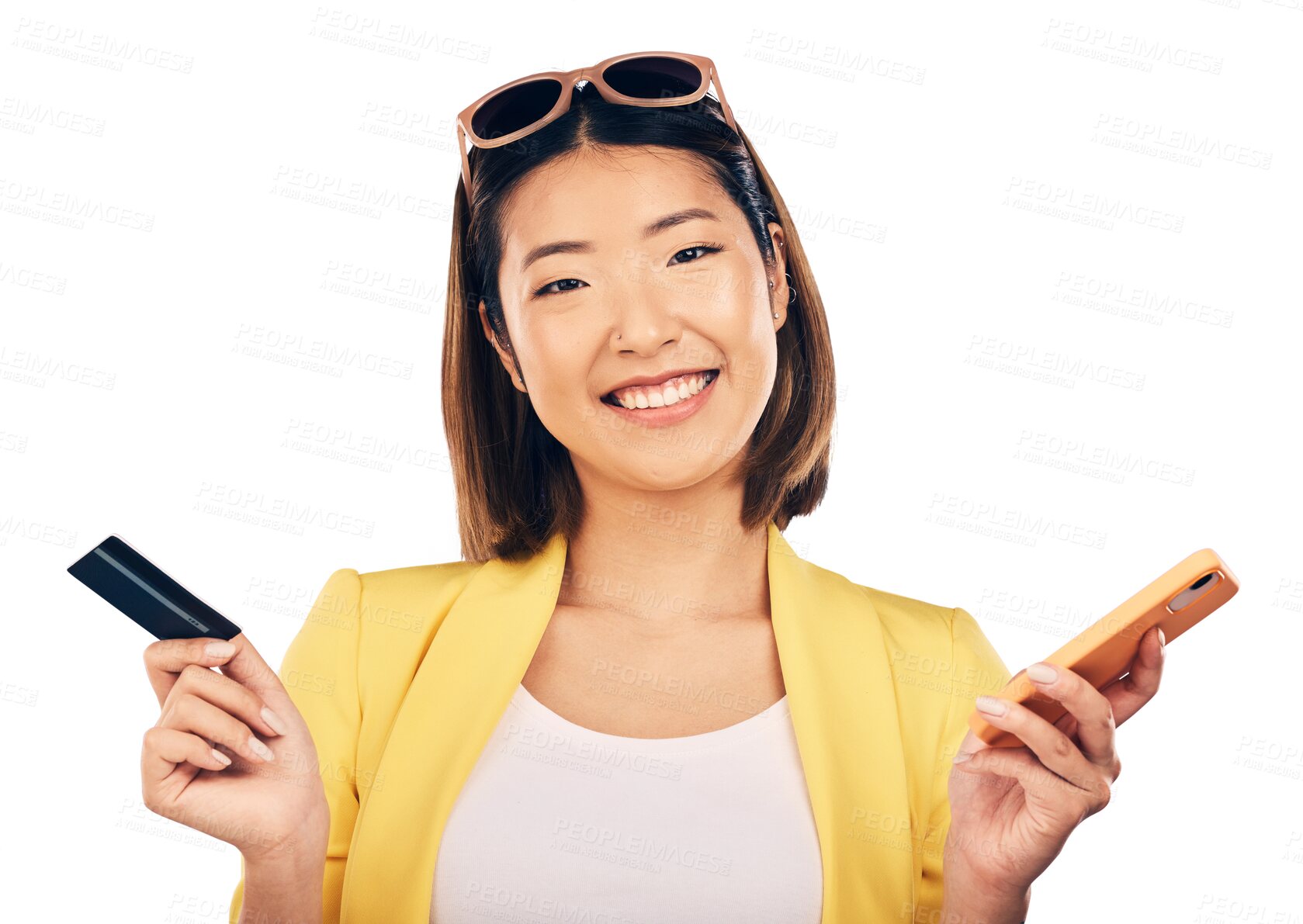 Buy stock photo Woman, phone and credit card for online payment, e commerce and shopping sale or student discount. Happy portrait of asian person on mobile for internet banking isolated on transparent png background