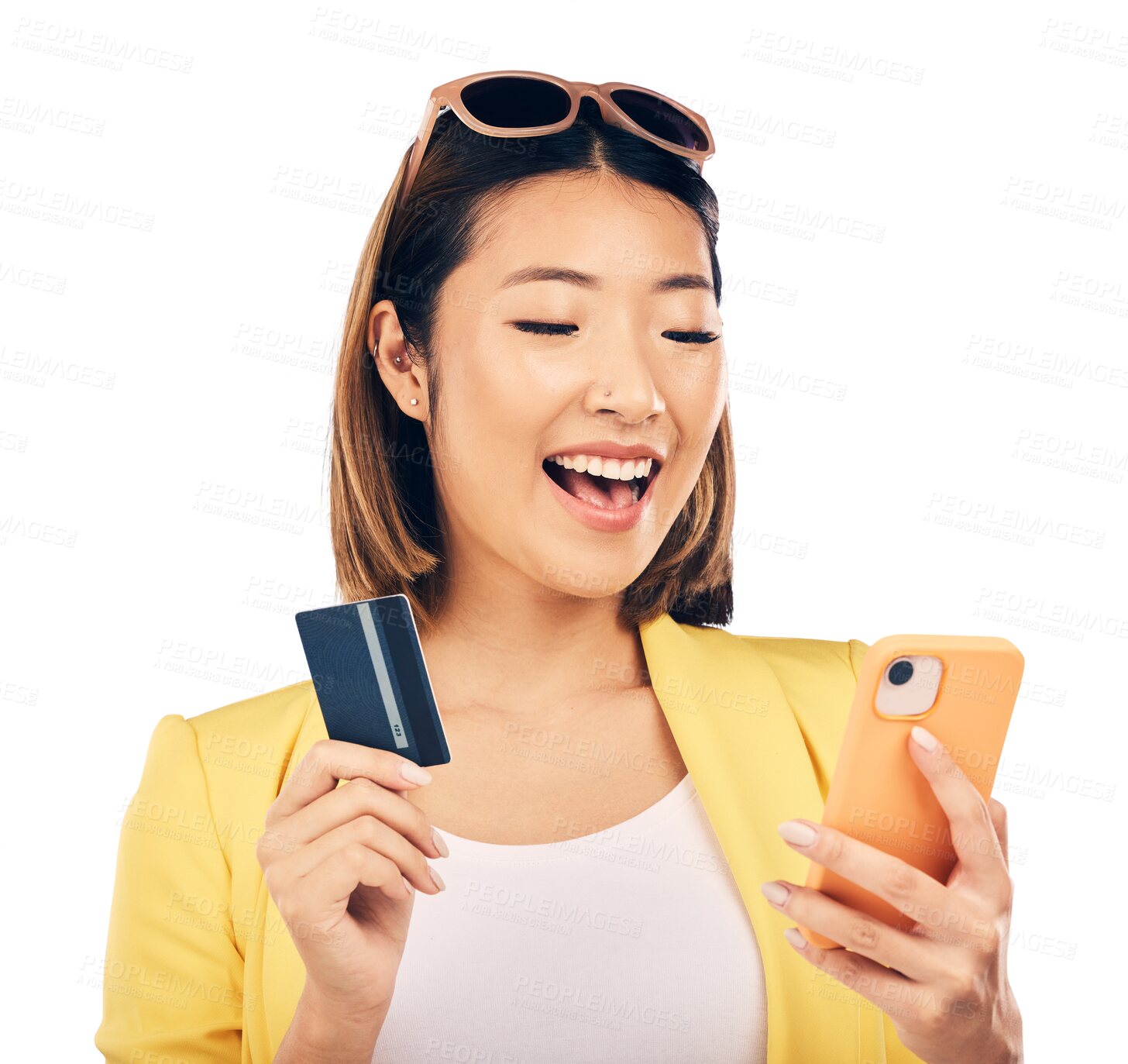 Buy stock photo Credit card, phone and happy woman for online shopping, e commerce or fintech payment. Excited asian person on mobile for web banking, loan and success or wow isolated on transparent, png background