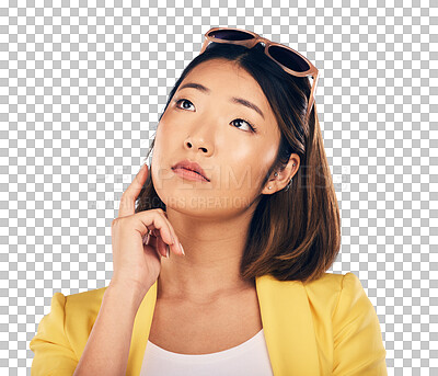 Buy stock photo Thinking, why and woman with emoji, questions or strategy on isolated, transparent and png background. Choice, decision and Japanese model planning, brainstorming or idea for problem solving solution