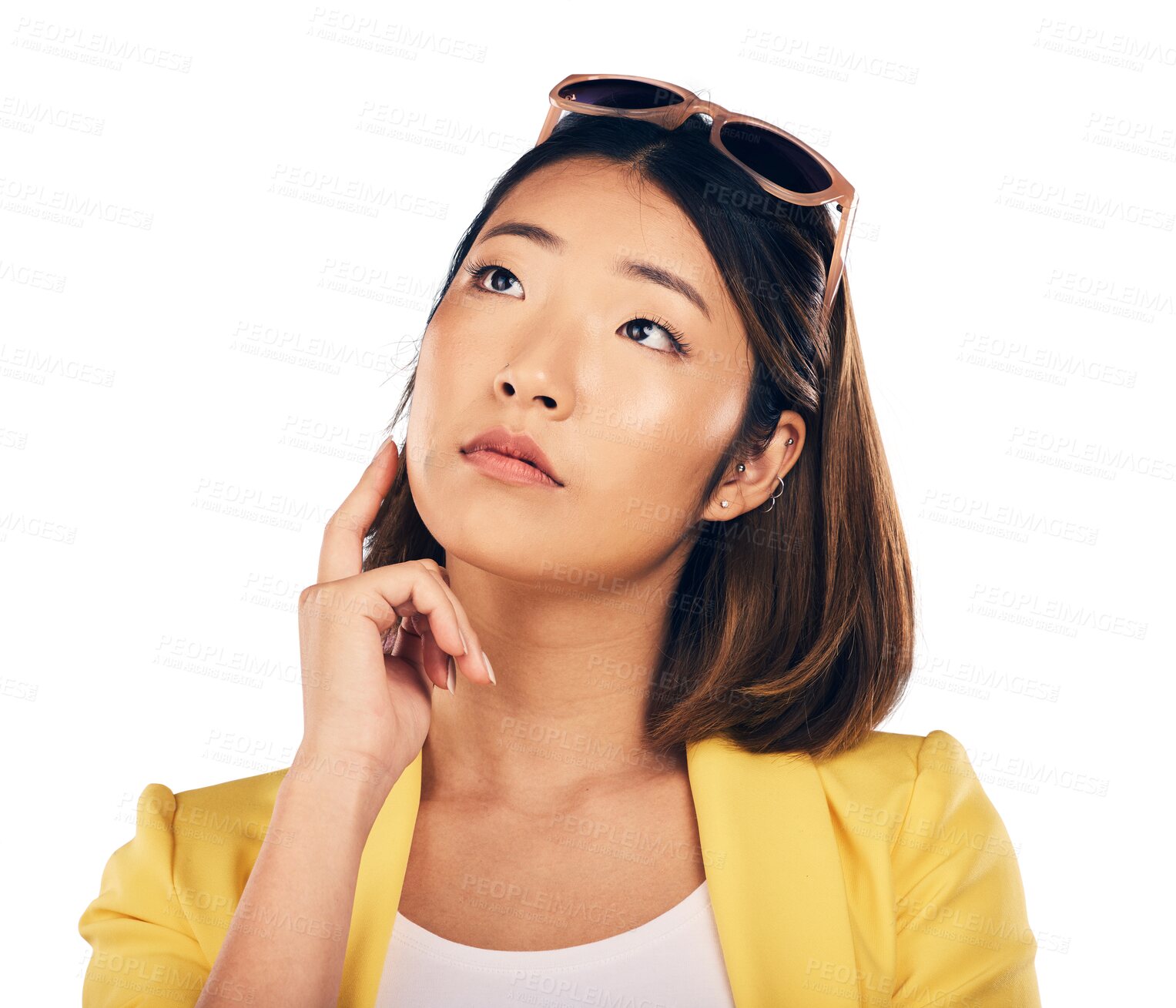 Buy stock photo Thinking, why and woman with emoji, questions or strategy on isolated, transparent and png background. Choice, decision and Japanese model planning, brainstorming or idea for problem solving solution