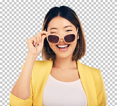 Buy stock photo Woman, fashion sunglasses and wink in portrait, happiness with smile isolated on png transparent background. Summer, Asian model flirting with stylish eyewear and gen z with positive attitude