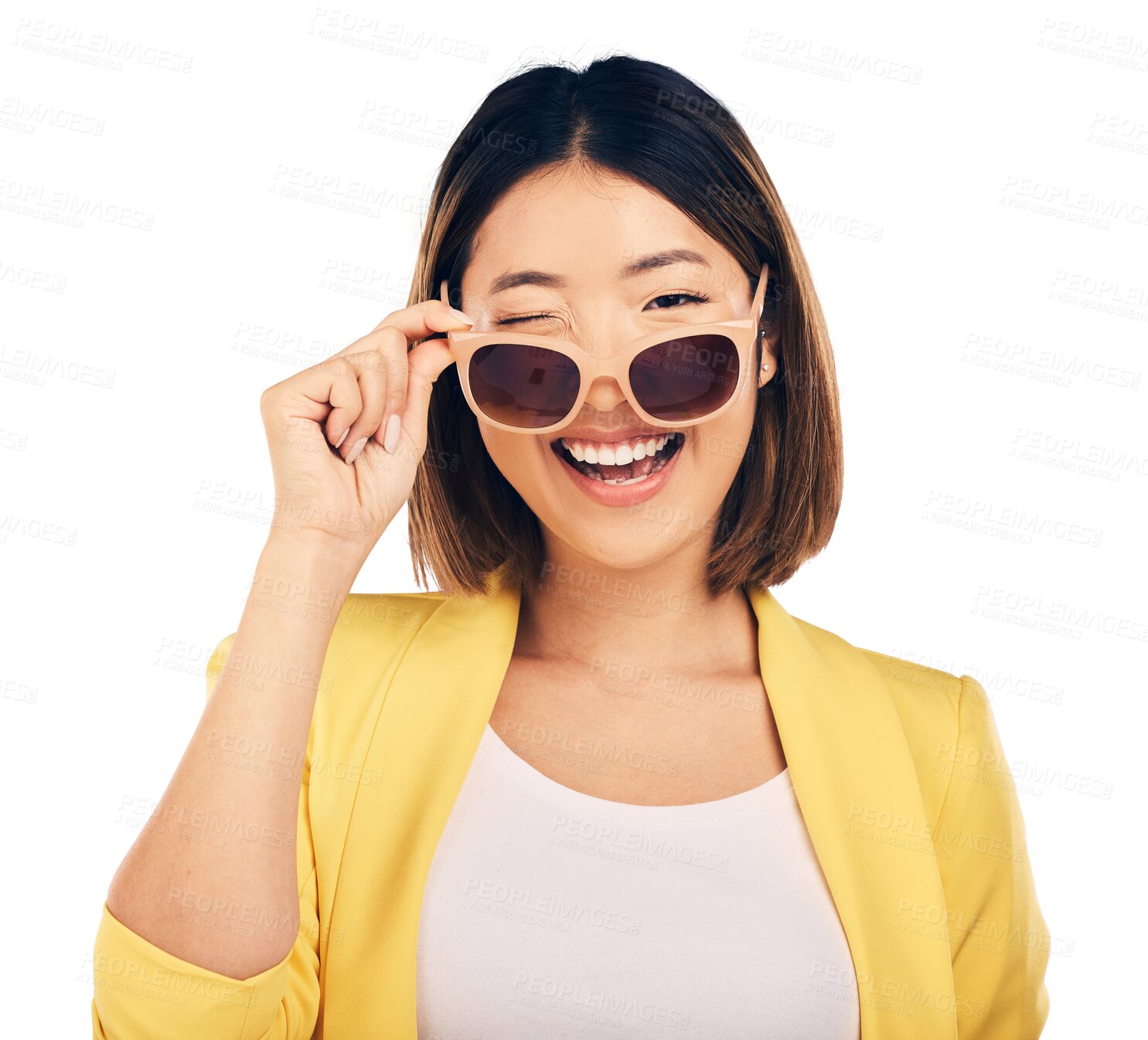 Buy stock photo Woman, fashion sunglasses and wink in portrait, happiness with smile isolated on png transparent background. Summer, Asian model flirting with stylish eyewear and gen z with positive attitude