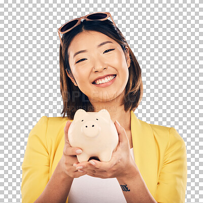 Buy stock photo Woman, piggy bank and portrait, saving with finance and money management for future isolated on png transparent background. Investment, financial safety and security, budget with growth and container