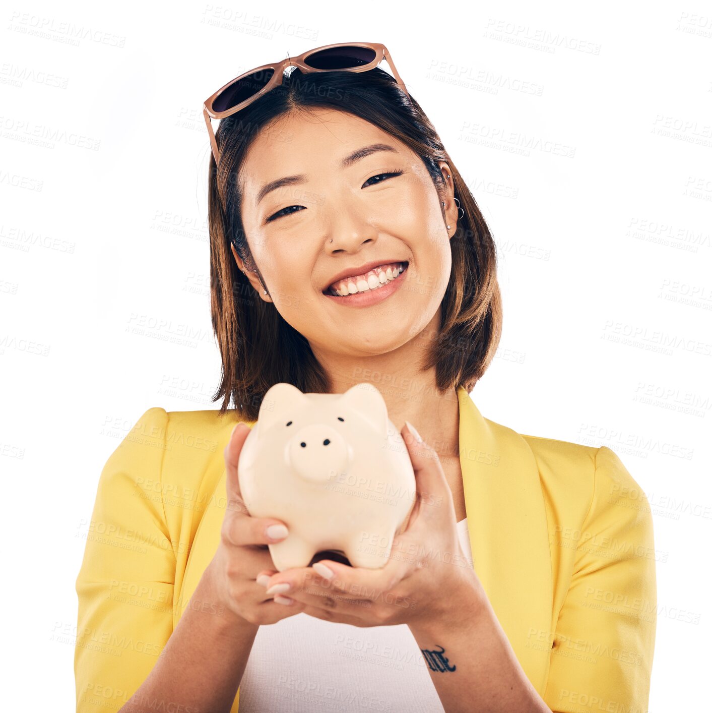 Buy stock photo Woman, piggy bank and portrait, saving with finance and money management for future isolated on png transparent background. Investment, financial safety and security, budget with growth and container