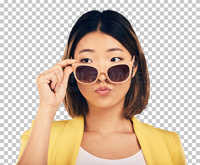 Buy stock photo Fashion, thinking or asian woman in sunglasses isolated on transparent PNG background for trendy style. Face, cool shades or confident female person looking over a stylish eyewear frame with attitude