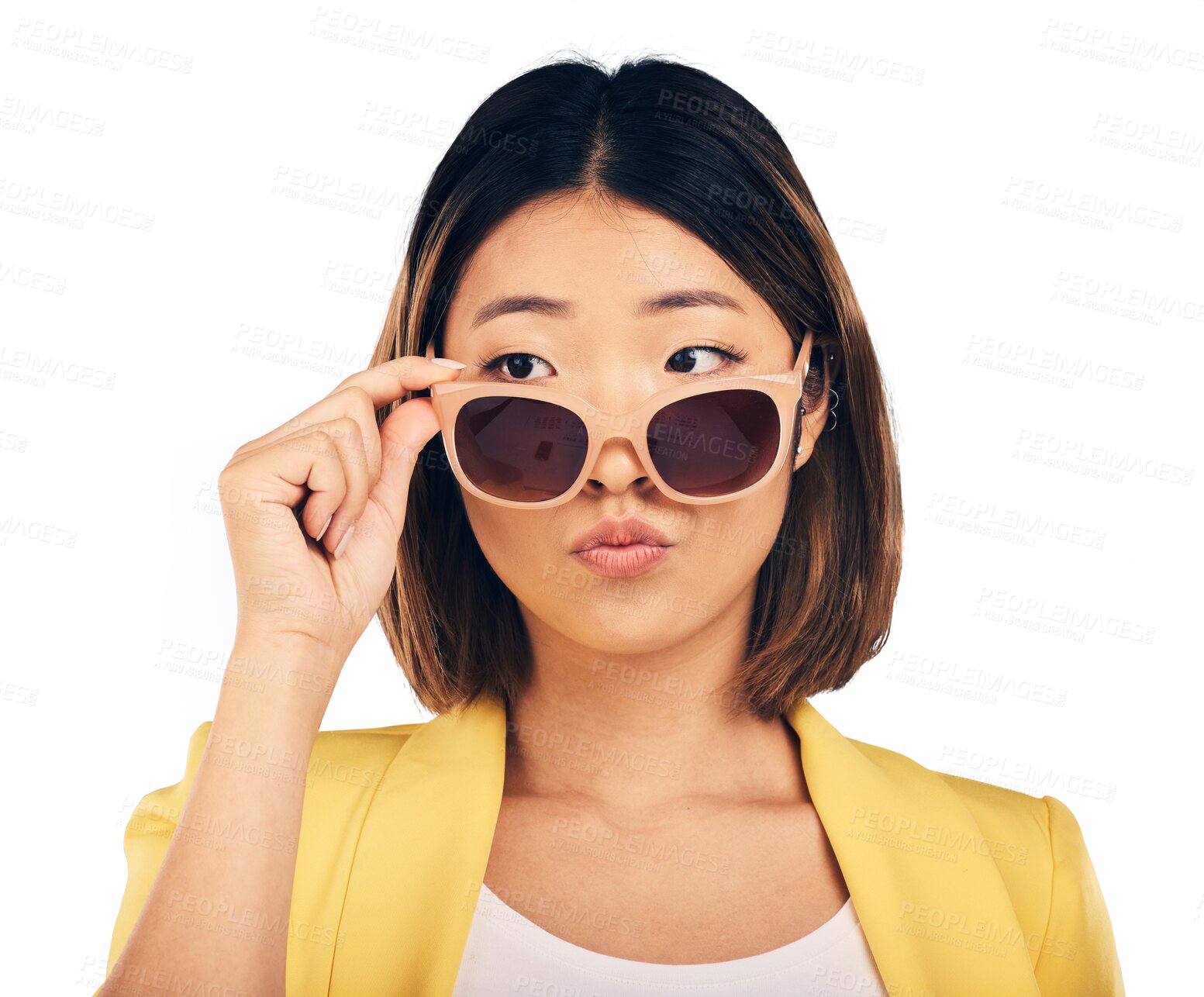 Buy stock photo Fashion, thinking or asian woman in sunglasses isolated on transparent PNG background for trendy style. Face, cool shades or confident female person looking over a stylish eyewear frame with attitude