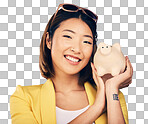 Piggy bank, finance portrait and woman with savings, investment