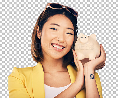 Piggy bank, finance portrait and woman with savings, investment