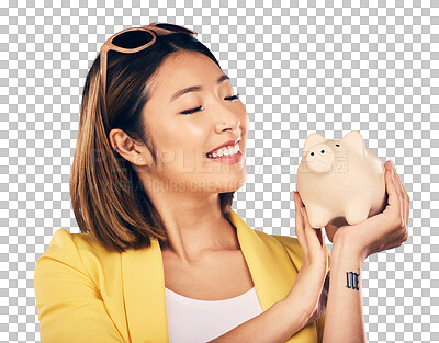 Piggy bank, finance and woman thinking of savings, investment an