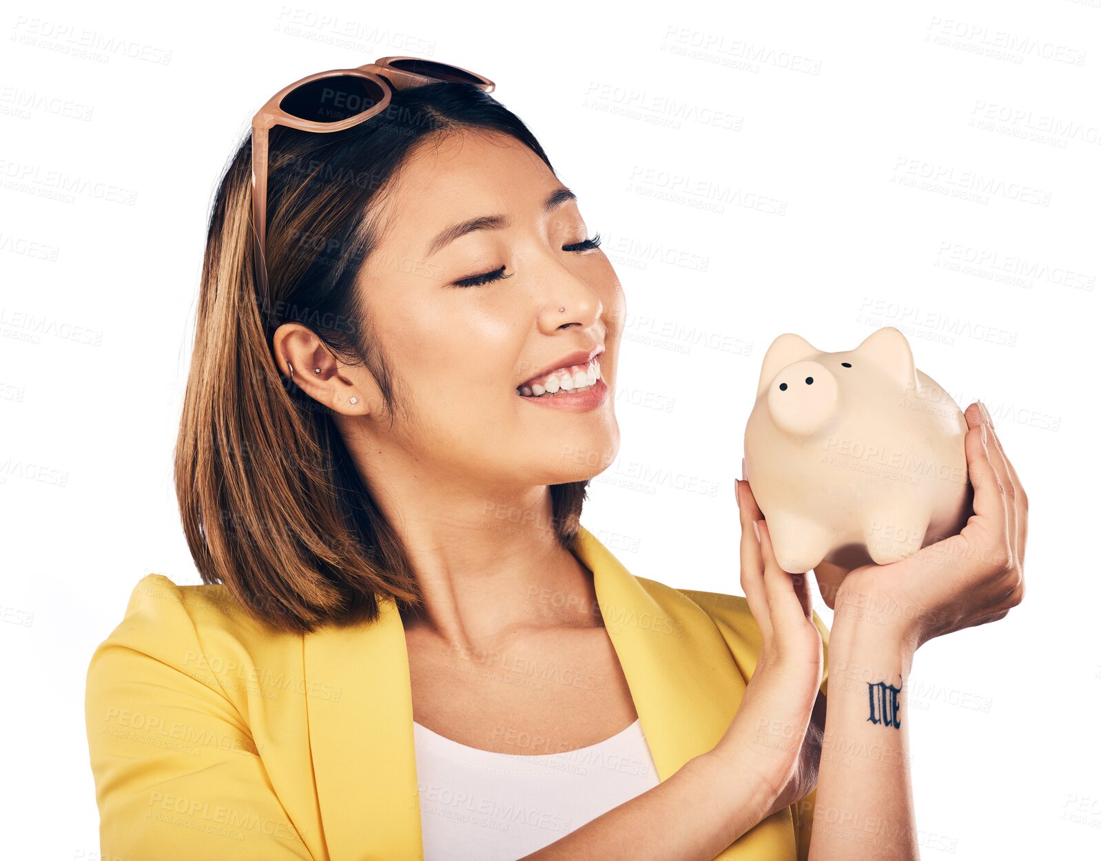 Buy stock photo Finance, investing or Asian woman with piggy bank for financial wealth growth or savings increase. Smile, income or happy girl holding budget tin for safety isolated on transparent PNG background