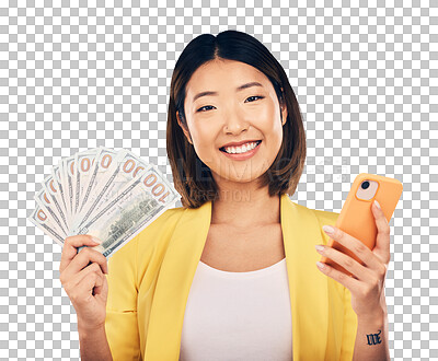 Money, phone and woman in portrait winning, finance or online sa