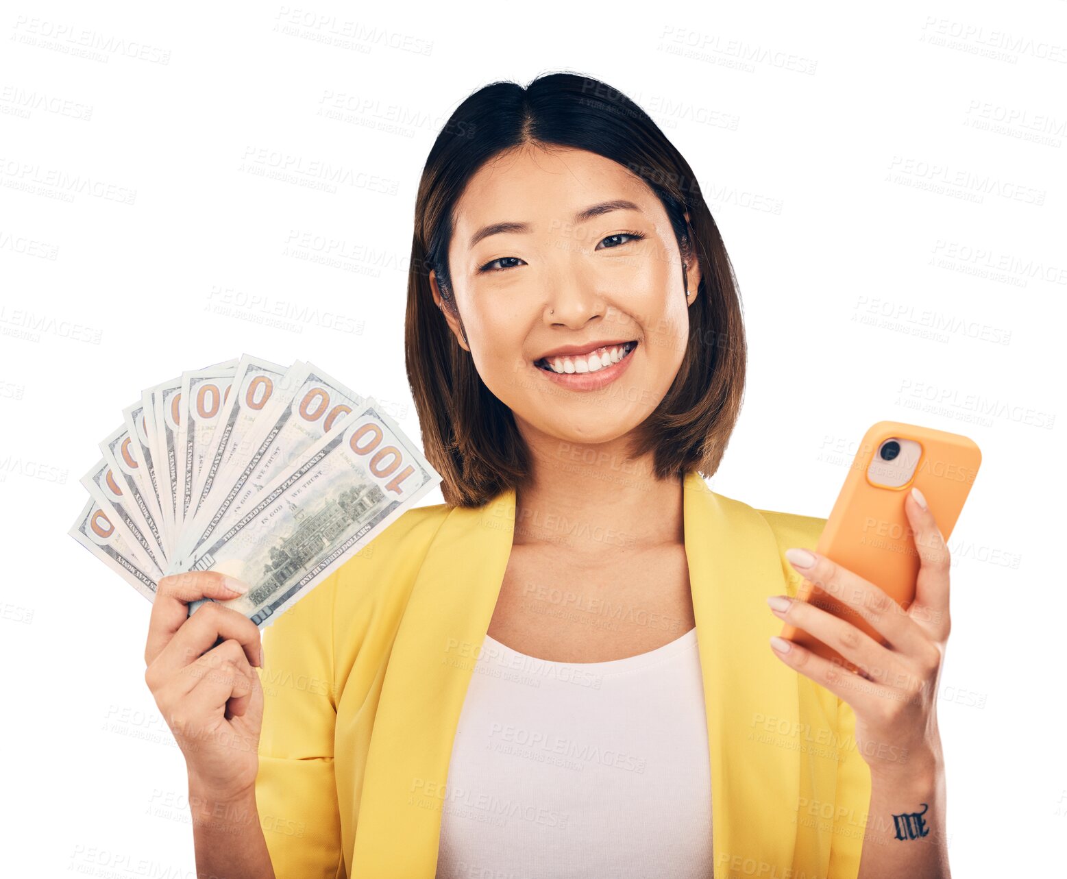 Buy stock photo Woman, winner and phone for money success, finance and online bonus, profit and cashback prize. Portrait of asian person with mobile for competition and cash isolated on a transparent, png background