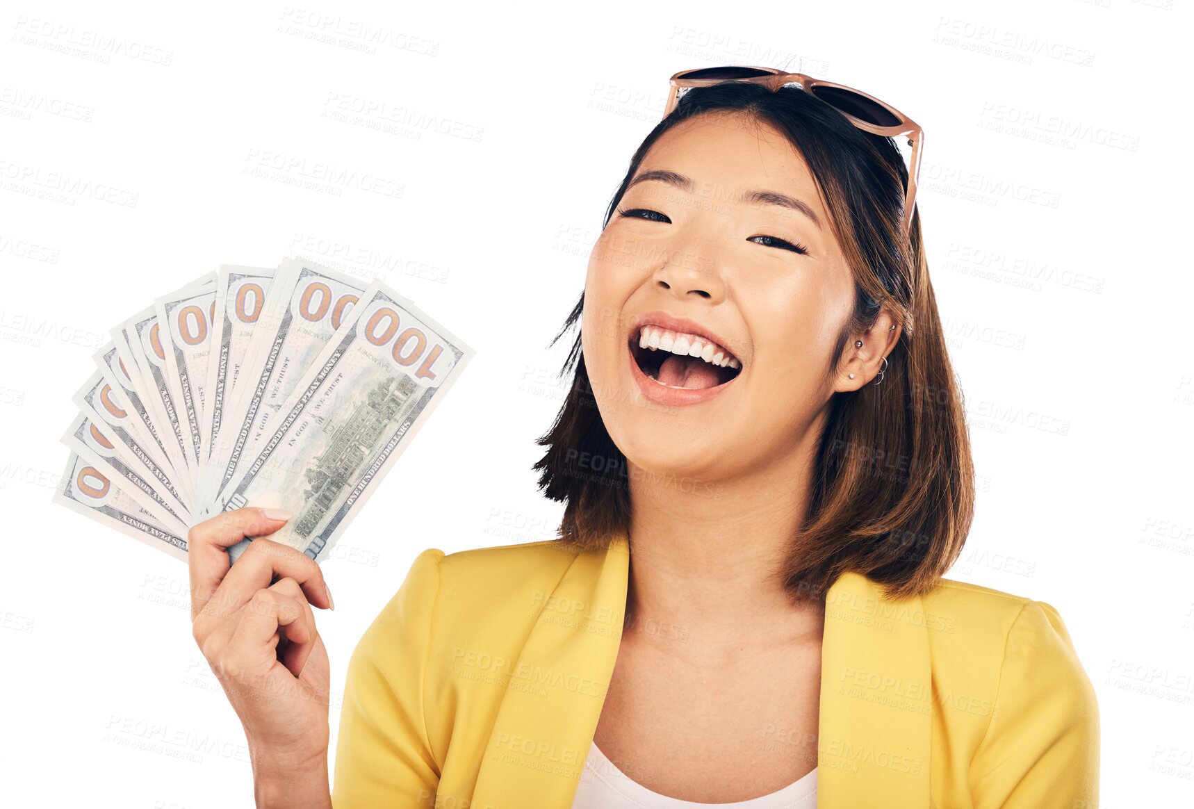 Buy stock photo Woman, winner and money fan in financial bonus, success and winning of college loan, scholarship funding or lottery. Portrait of asian student with cash and wow isolated on transparent png background