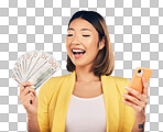 Money, phone and woman with wow for winning, finance or online s