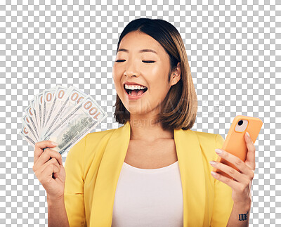 Buy stock photo Phone, winner and happy woman with money, investment or success on isolated, transparent or png background. Cash, prize and excited Japanese lady winner with smartphone app for poker, bingo or casino